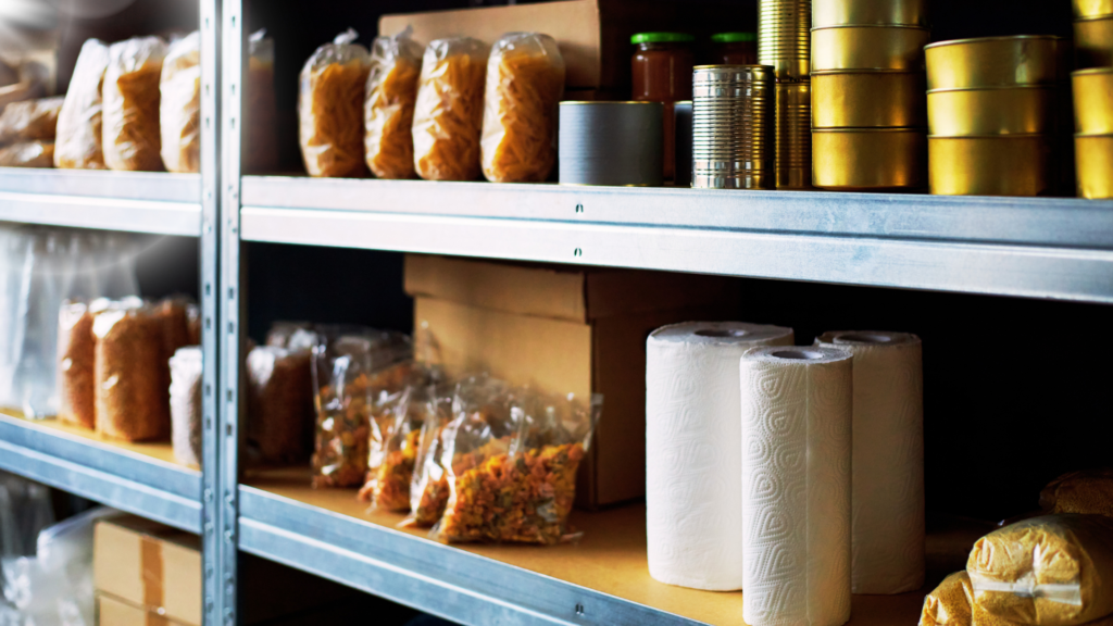 Overhead view of a well-stocked sovereign pantry with whole grains, legumes, and spices — Black household food security